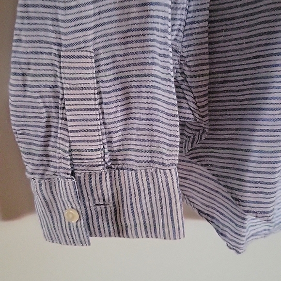 LANDS END | Linen Popover Blue White Striped Lace Up Top - Picture 6 of 12